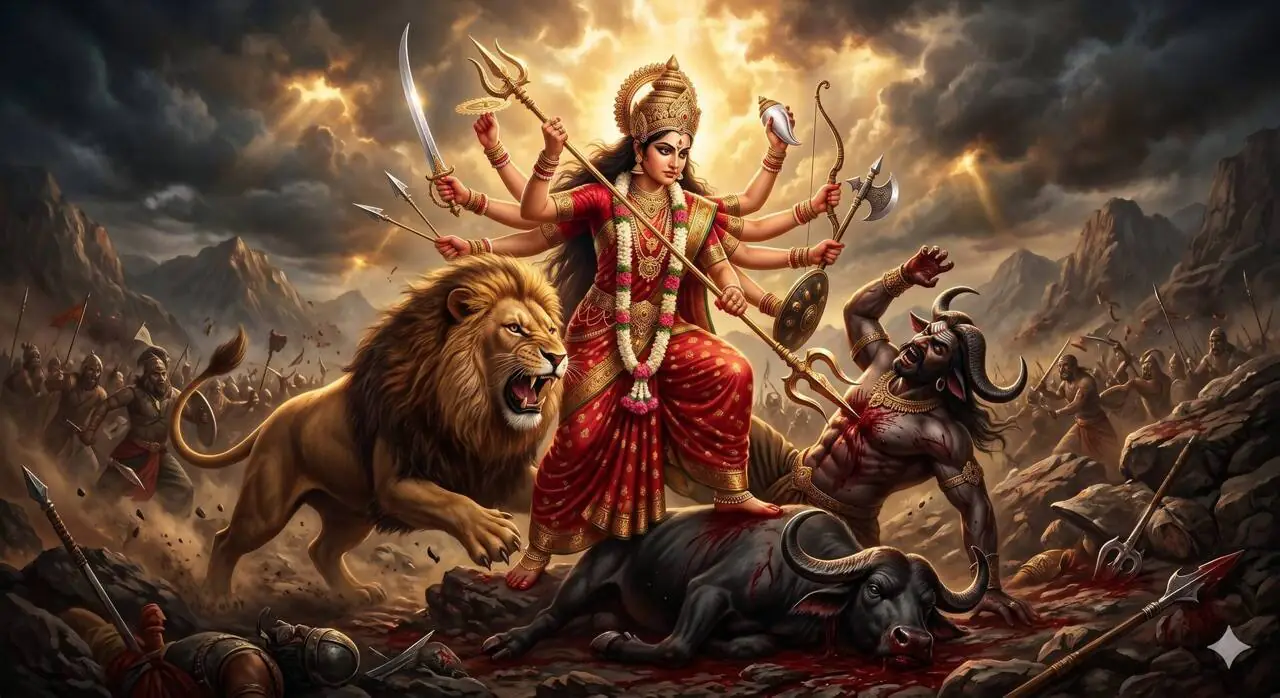 A Durga idol depicting Mahishasura-Mardini, the goddess slaying the buffalo demon