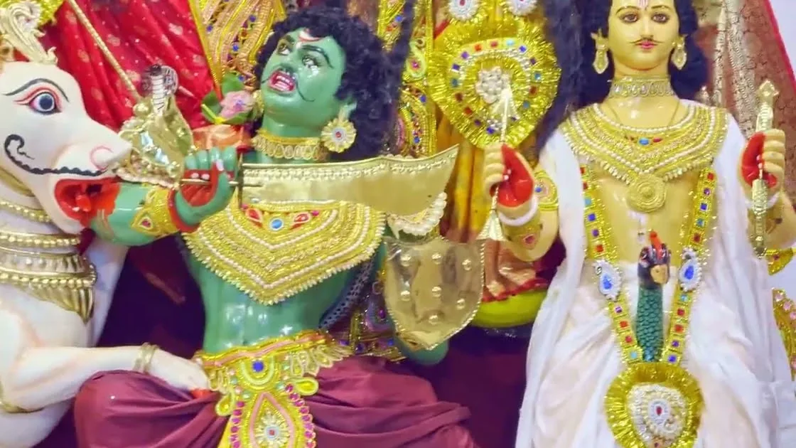 Mahishasura and Kartik in the family Durga Puja at Roy Bari, Behala, filmed by our team in October 2026